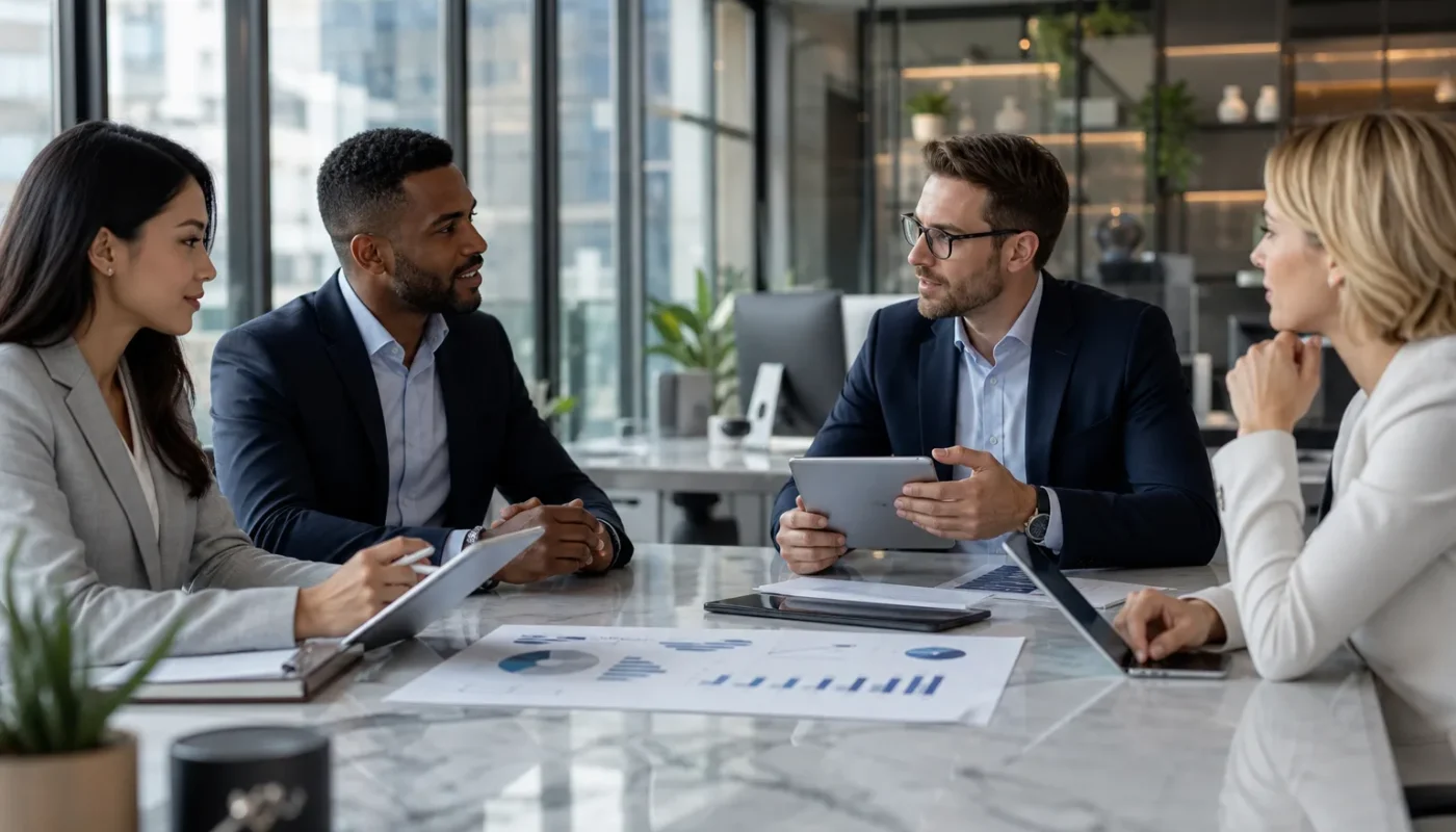 Conseillers financiers analysant contrats d'assurance vie personnalisés