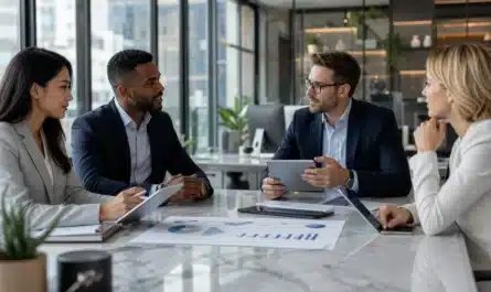 Conseillers financiers analysant contrats d'assurance vie personnalisés