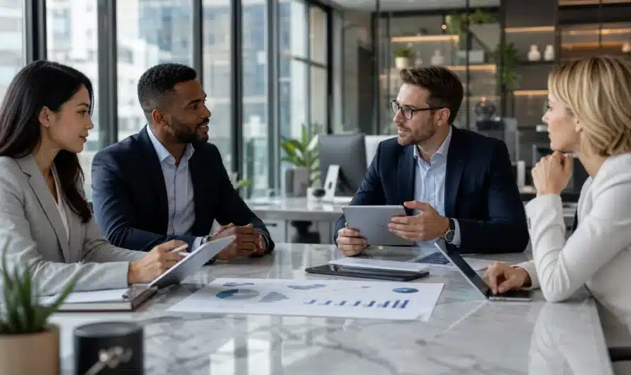Conseillers financiers analysant contrats d'assurance vie personnalisés