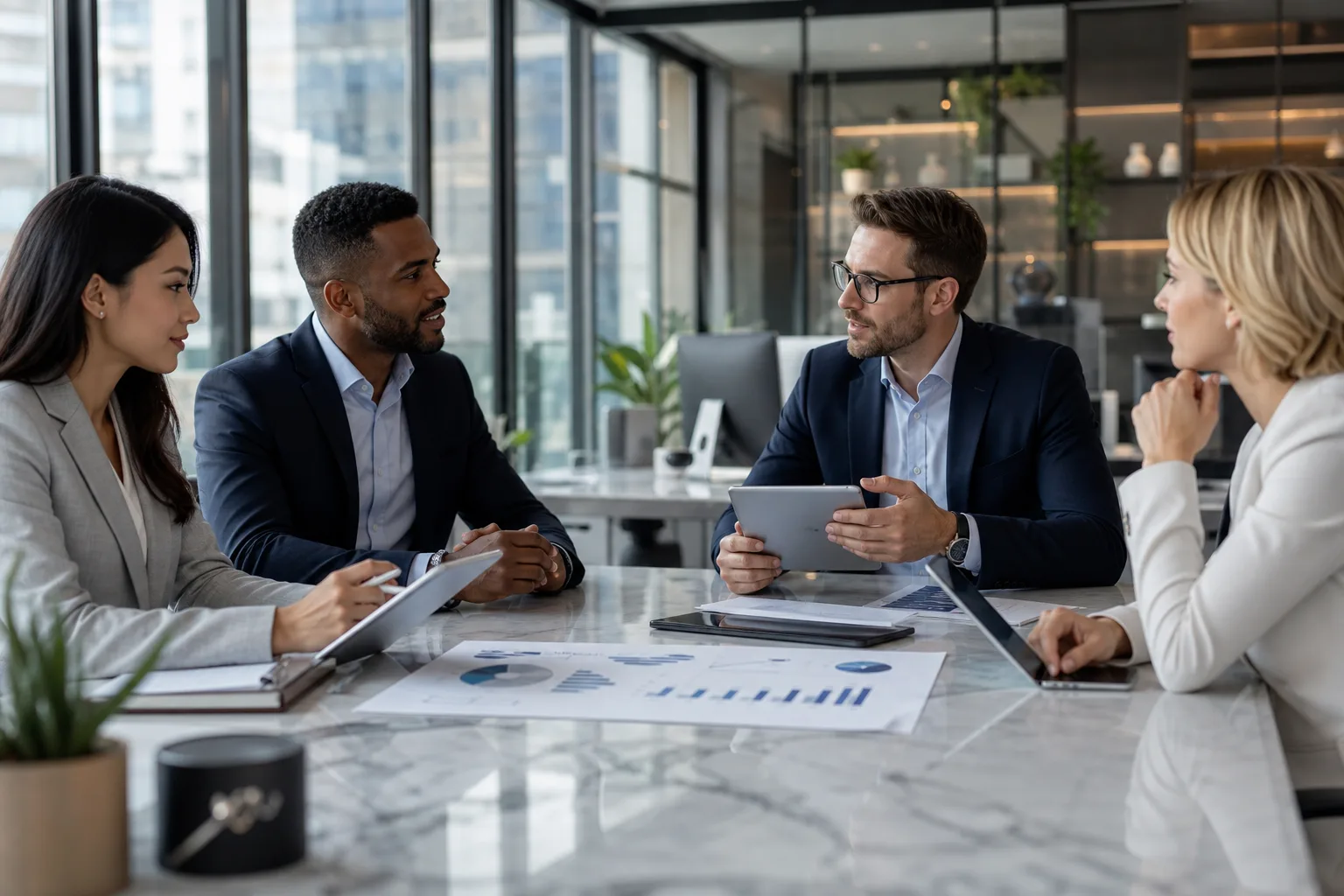 Conseillers financiers analysant contrats d'assurance vie personnalisés