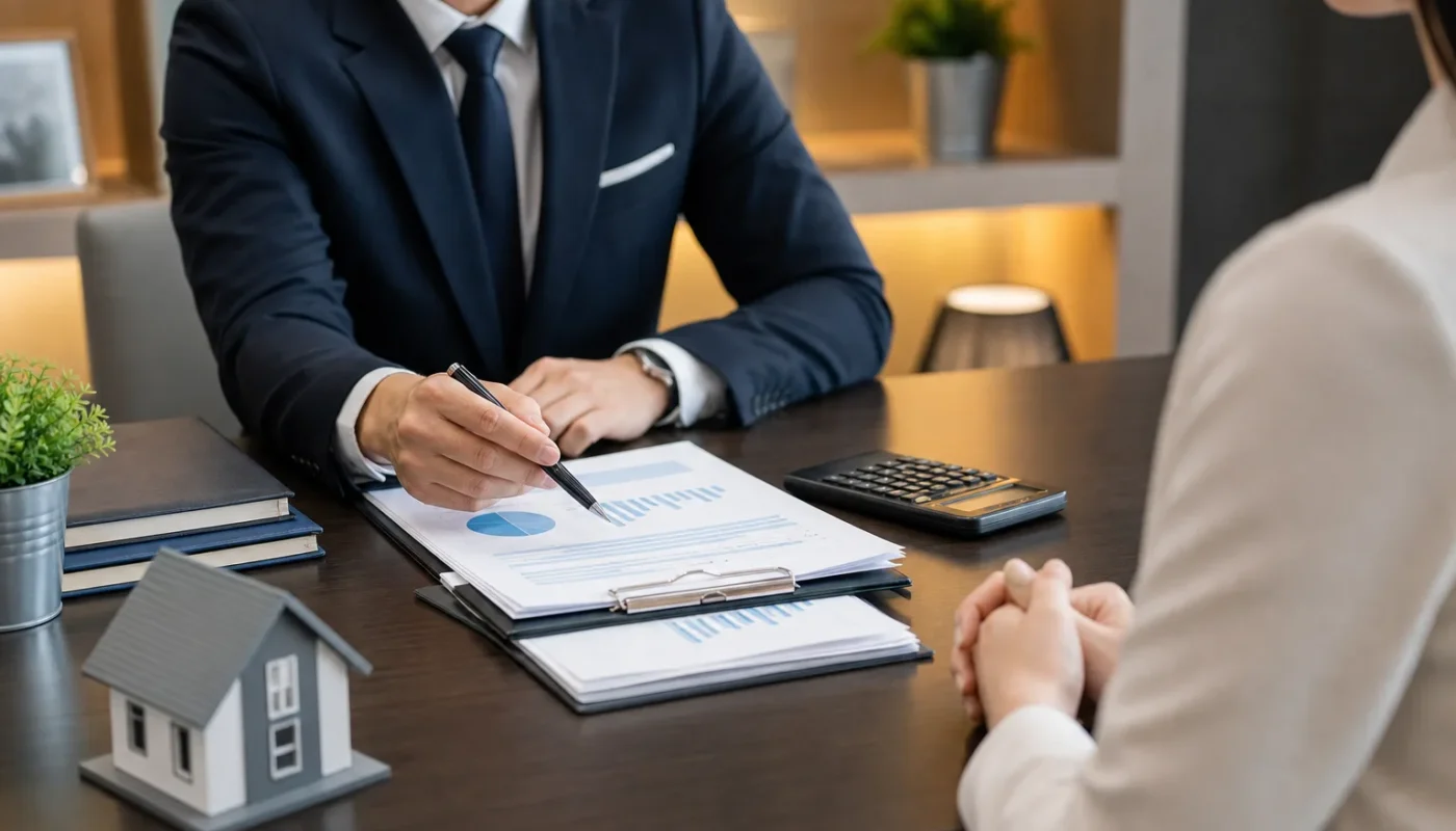 Couverture d'assurance décès avec famille et documents financiers professionnels
