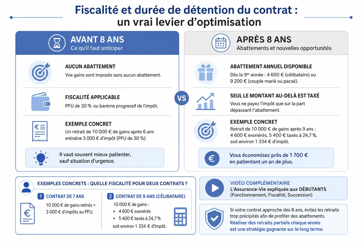 fiscalité de l’assurance vie en 2026 : ce que vous devez vraiment savoir avant de verser un euro , Fiscalité et durée de détention du contrat : un vrai levier d’optimisation