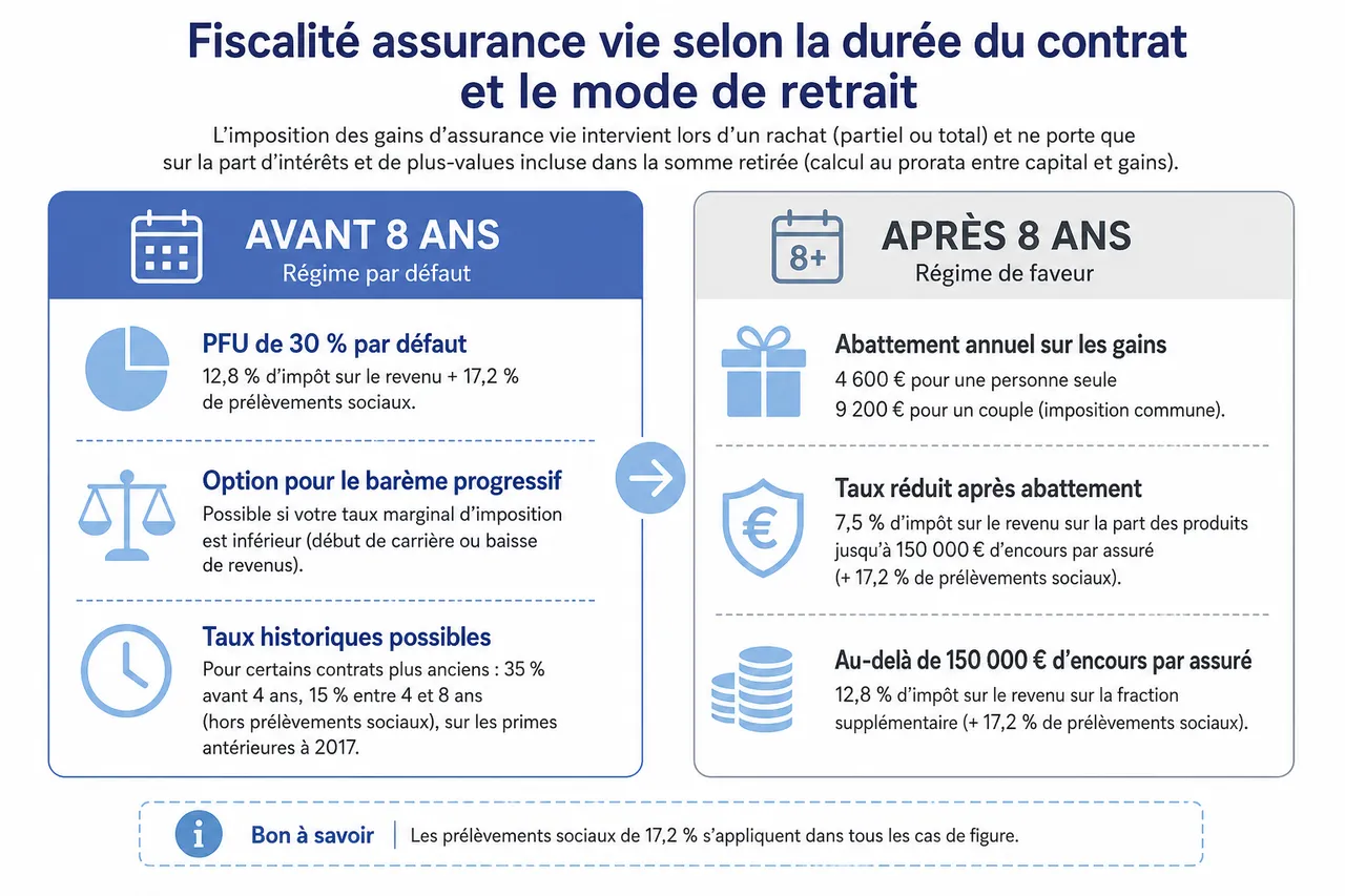 comment est imposée une assurance vie ? régime fiscal, abattements et stratégies pour réduire l’impôt ? , Fiscalité assurance vie selon la durée du contrat et le mode de retrait