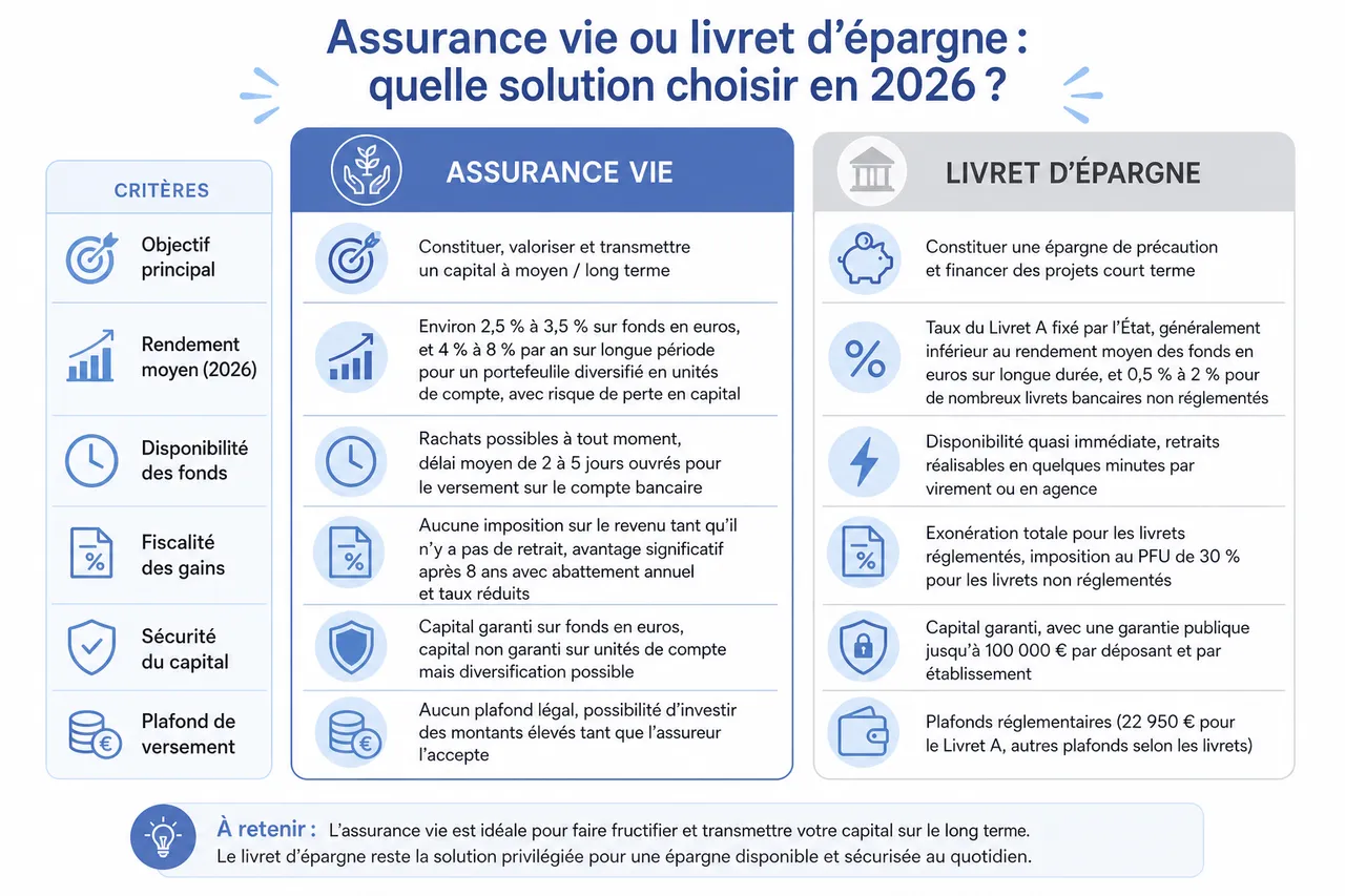 Assurance vie ou livret d’épargne: comment choisir pour faire fructifier votre argent? , Comparaison: assurance vie ou livret d’épargne, quel produit choisir en 2026?
