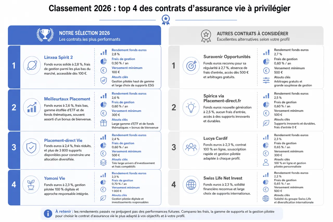 Comment choisir son assurance vie en 2026: analyse des rendements, frais et critères essentiels , Tableau comparatif et classement des meilleurs contrats d’assurance vie en 2026