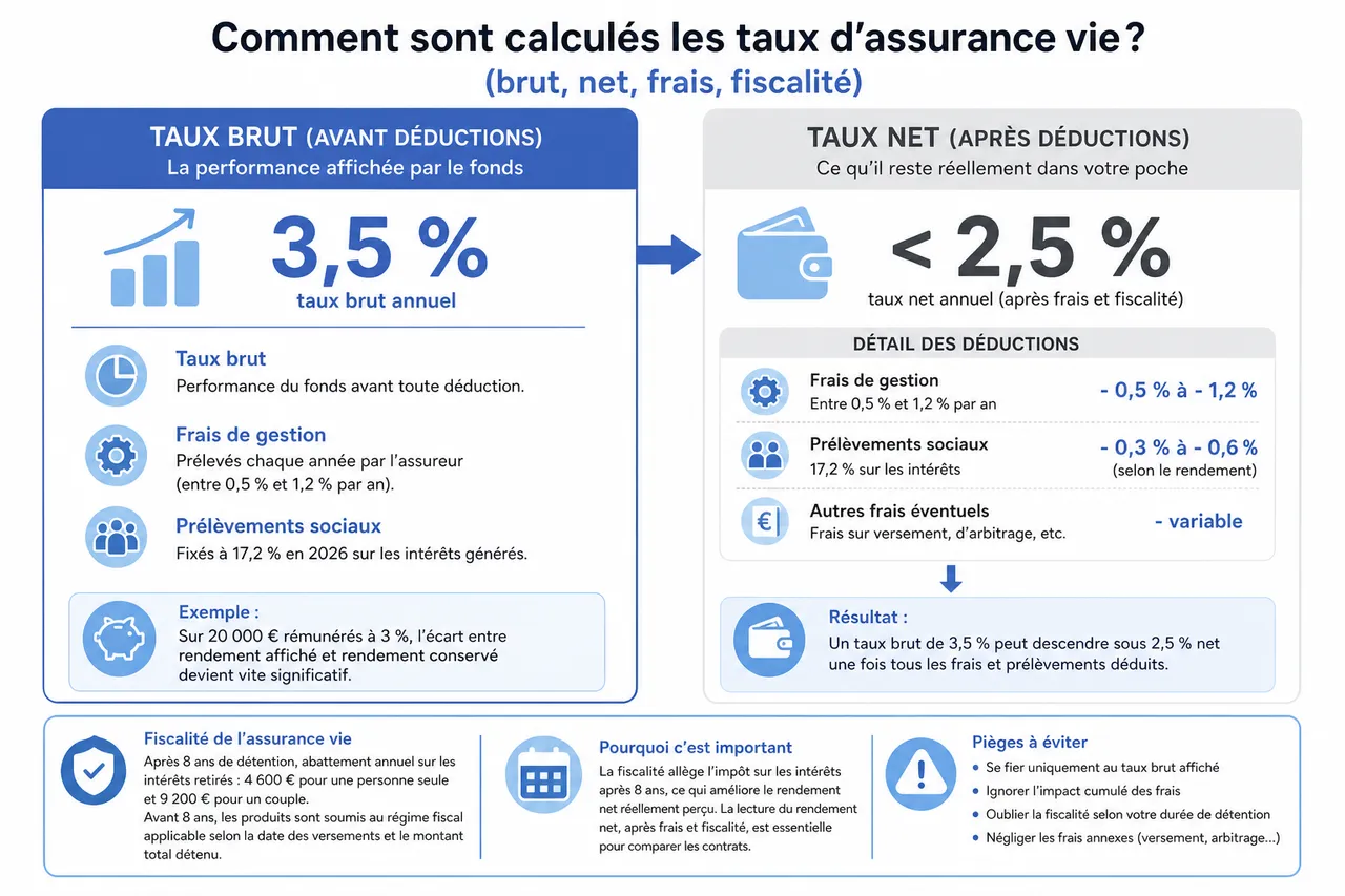 Taux de l’assurance vie en 2026 et manière de lire les performances sans se laisser tromper par le rendement affiché , Comment sont calculés les taux d’assurance vie? (brut, net, frais, fiscalité)