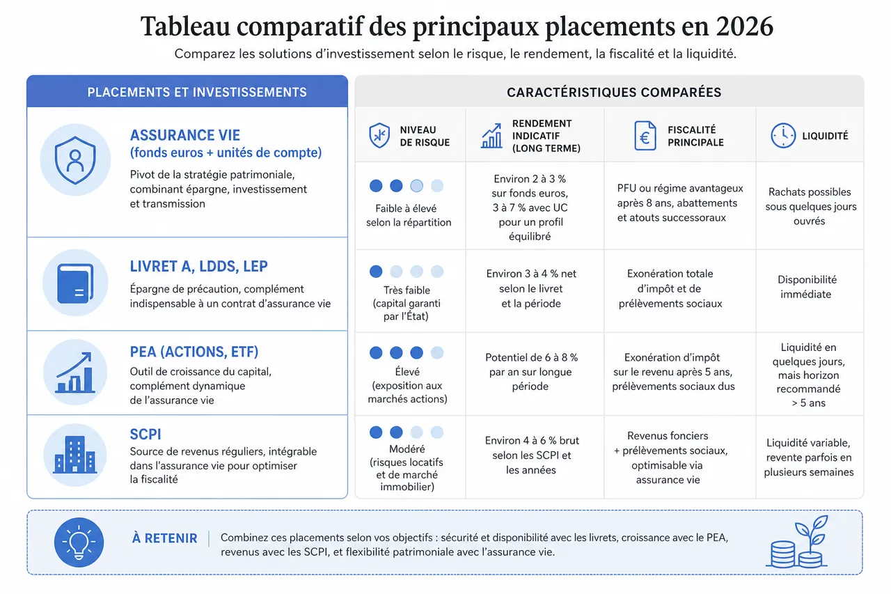 Où placer son argent en 2026 pour un rendement optimal? , Tableau comparatif des principaux placements en 2026