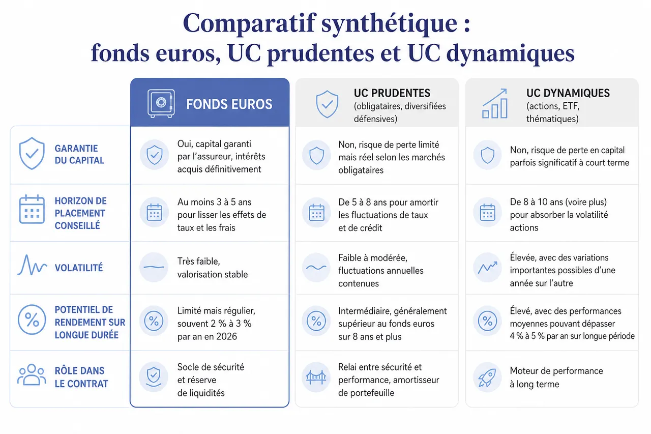 Assurance vie multisupport, comment répartir votre épargne entre fonds euros et unités de compte sans prendre trop de risques , Comparatif synthétique: fonds euros, UC prudentes et UC dynamiques