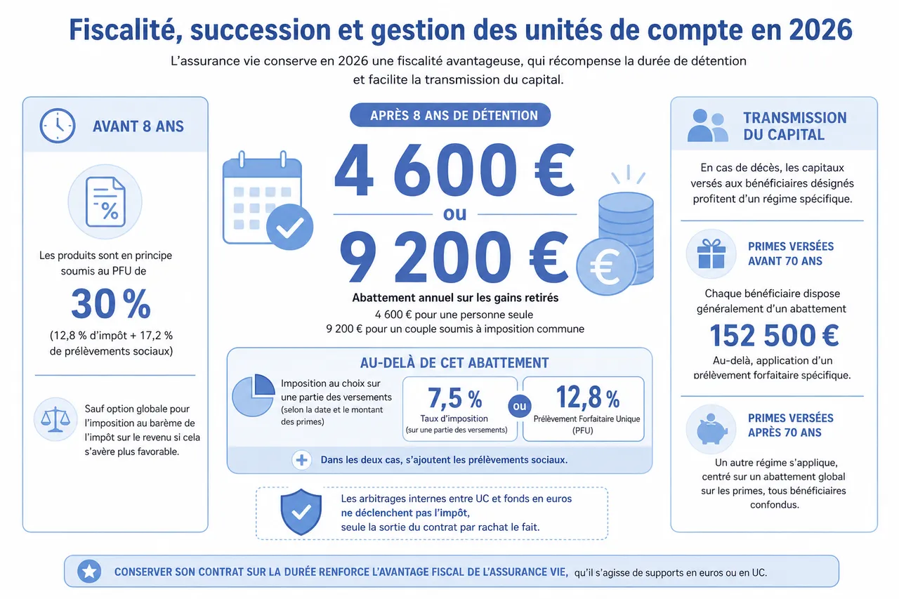 Unités de compte en assurance vie, comment investir en Bourse sans gérer un portefeuille complexe , Fiscalité, succession et gestion des unités de compte en 2026