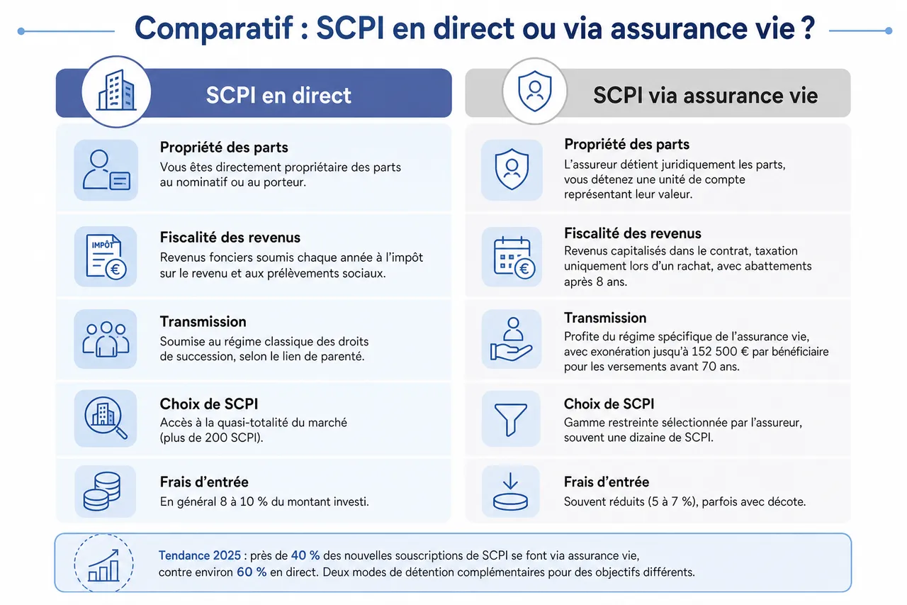 Investir en scpi via une assurance vie, intérêts, risques et erreurs fréquentes à éviter , Comparatif: scpi en direct ou via assurance vie?