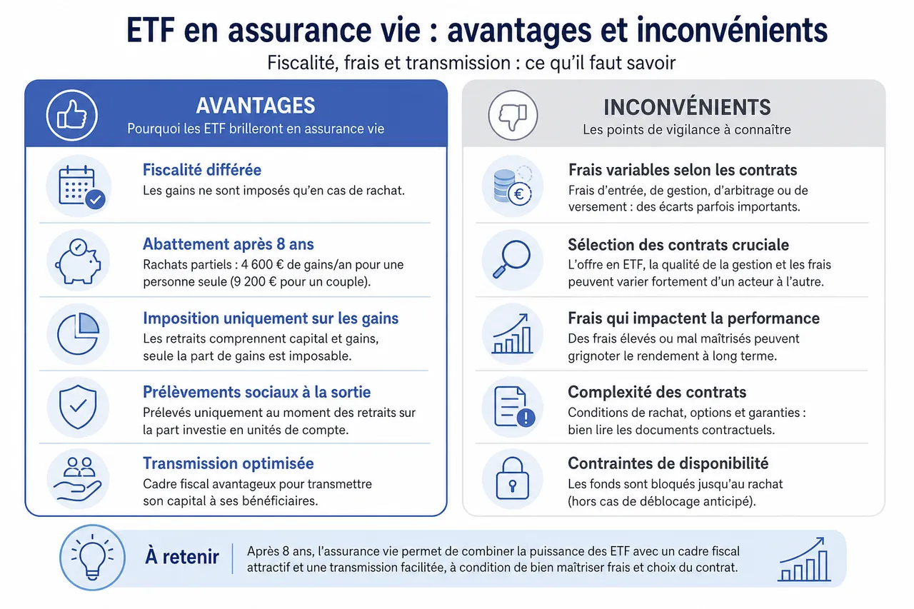Comment utiliser les ETF dans votre assurance vie pour dynamiser votre rendement sur le long terme? , Avantages et inconvénients: fiscalité, frais et transmission