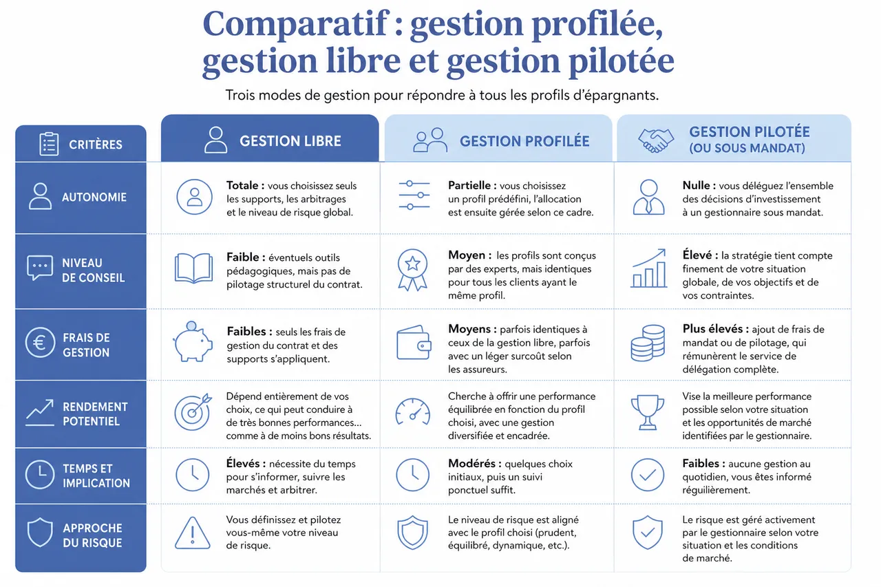 Gestion libre, profilée ou pilotée en assurance vie, quel mode de gestion choisir selon votre profil d’épargnant? , Comparatif: gestion profilée, gestion libre et gestion pilotée