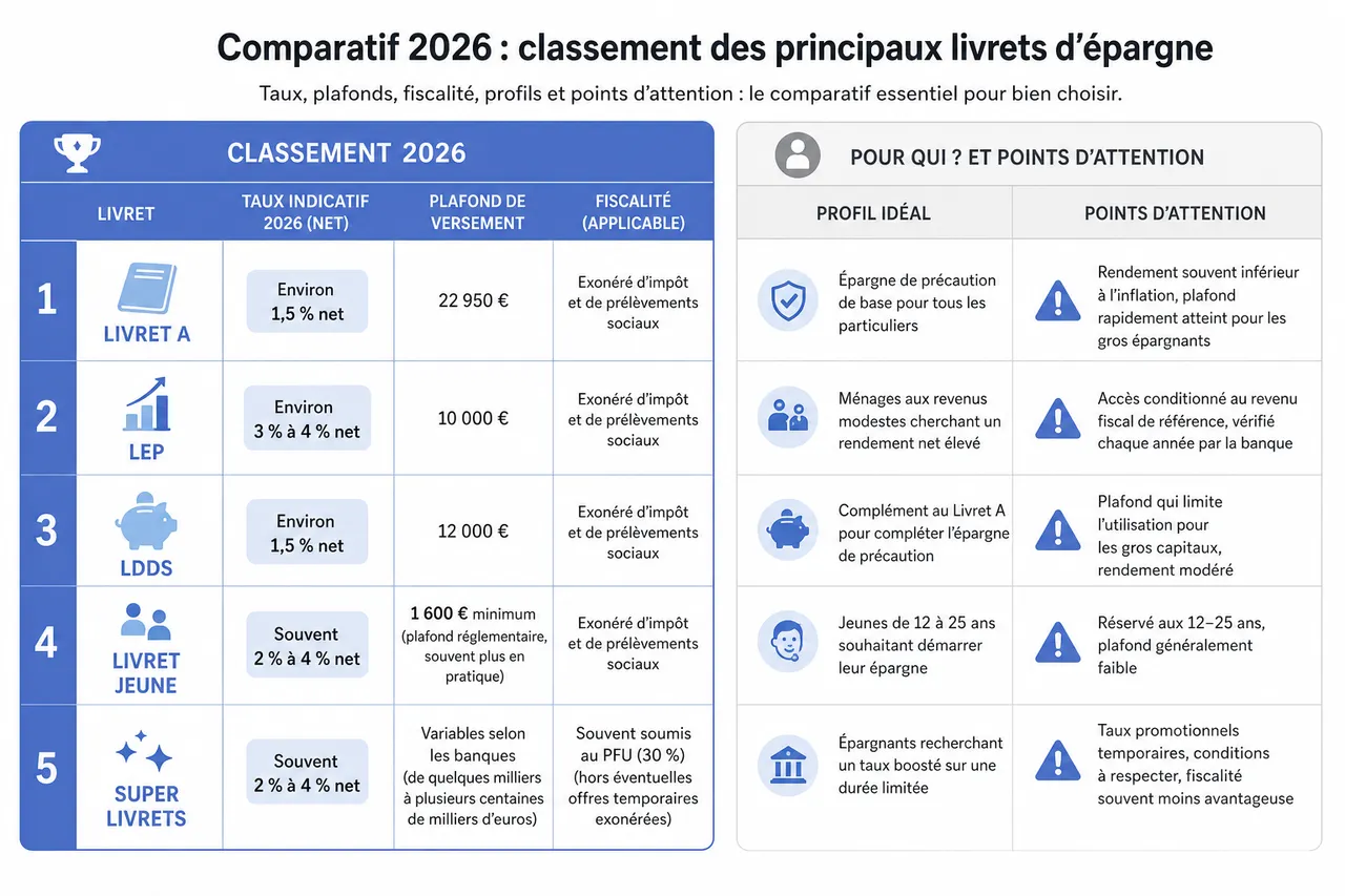 Où placer son épargne en 2026 pour maximiser ses gains? , Comparatif 2026: classement des principaux livrets d’épargne