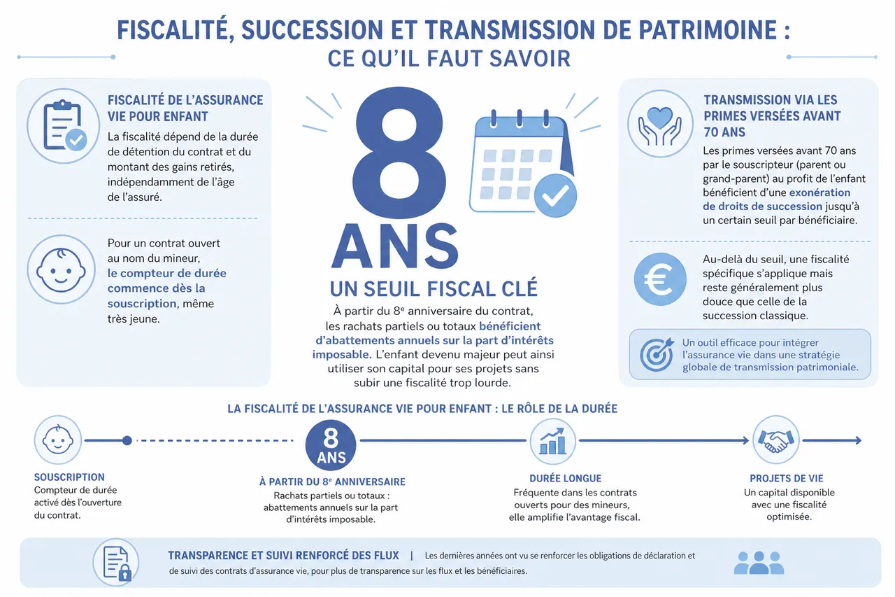 Ouvrir une assurance vie pour un enfant, bonne idée ou fausse bonne solution pour l’aider à démarrer dans la vie? , Fiscalité, succession et transmission de patrimoine: ce qu’il faut savoir