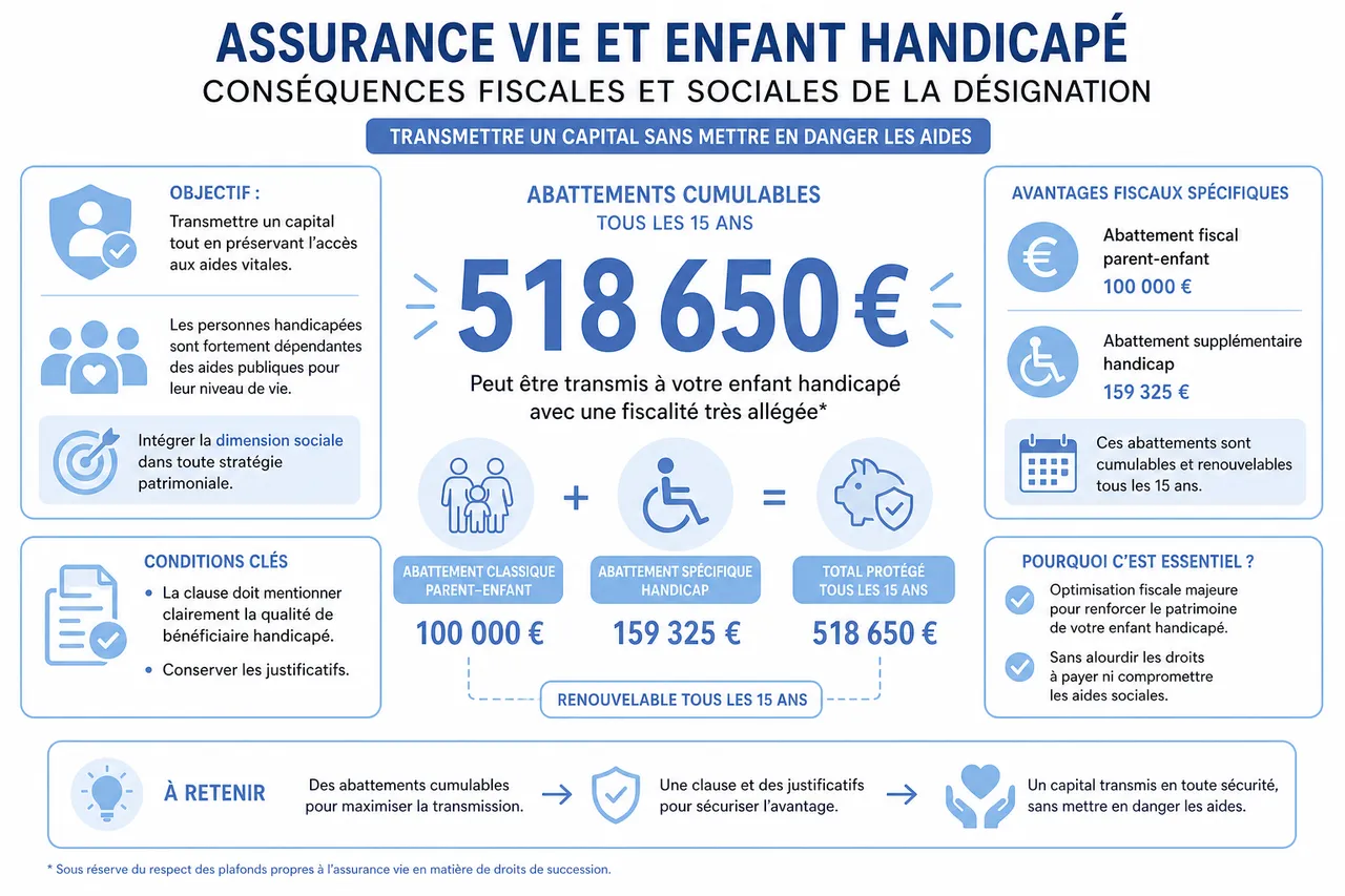 Assurance vie et enfant handicapé, comment rédiger une clause bénéficiaire vraiment protectrice sans mettre en danger les aides , Conséquences fiscales et sociales de la désignation d’un enfant handicapé