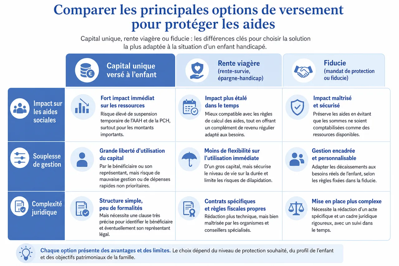 Assurance vie et enfant handicapé, comment rédiger une clause bénéficiaire vraiment protectrice sans mettre en danger les aides , Comparer les principales options de versement pour protéger les aides
