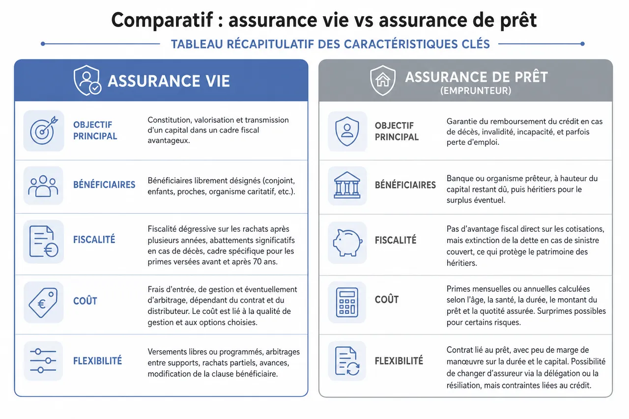 Assurance vie ou assurance emprunteur, quelles différences et dans quels cas l’une peut compléter l’autre? , Comparatif: assurance vie vs assurance de prêt (tableau récapitulatif)