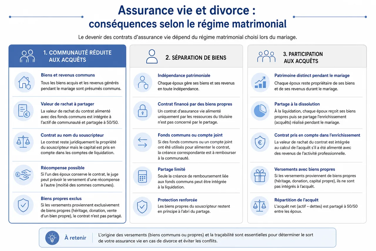 Assurance vie et divorce, que deviennent vos contrats en cas de séparation et comment éviter les conflits? , Conséquences juridiques et patrimoniales de l’assurance vie selon le régime matrimonial