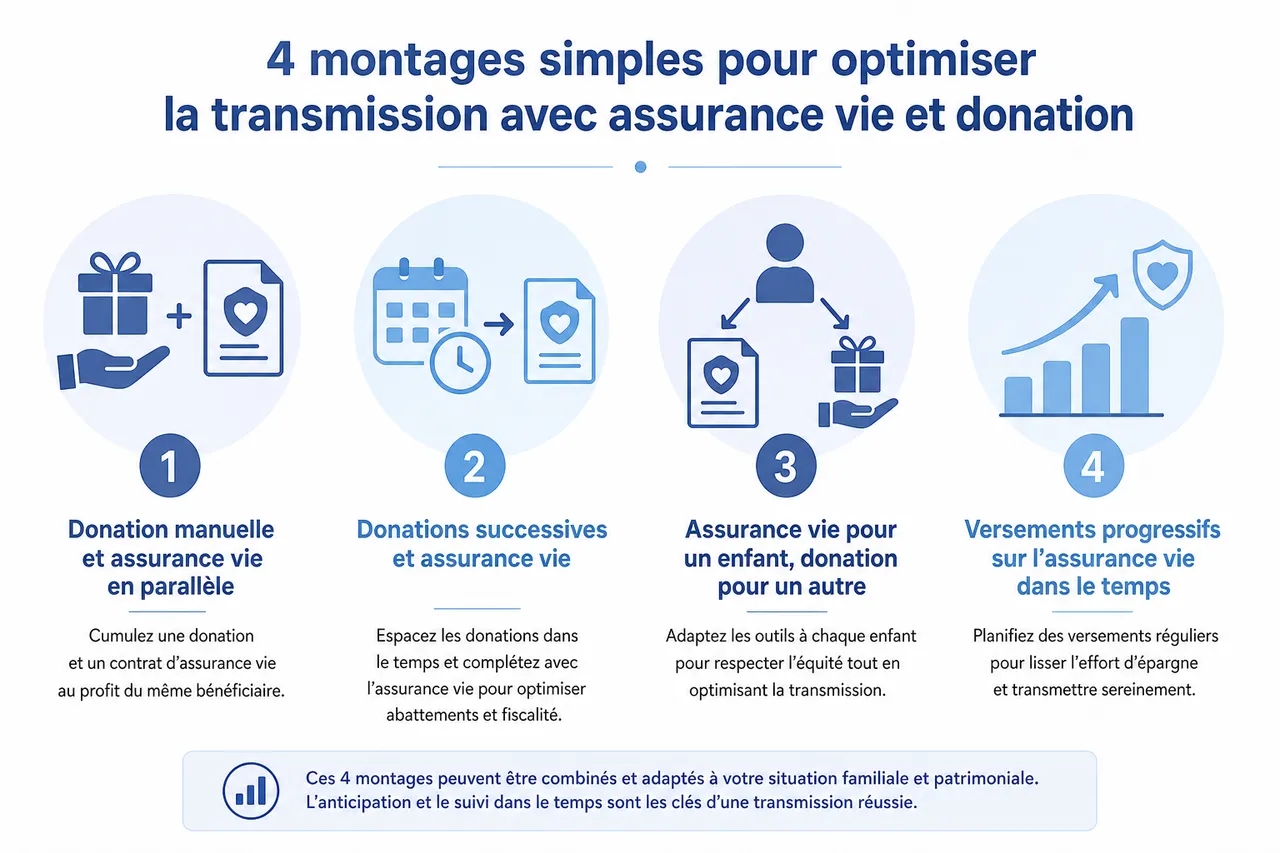 Utiliser l’assurance vie et la donation de son vivant avec 4 montages simples pour transmettre progressivement votre patrimoine , Stratégies pratiques: 4 montages simples pour optimiser la transmission avec assurance vie et donation