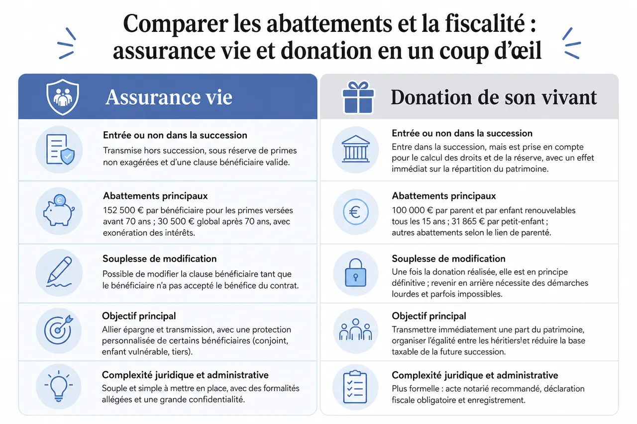 Utiliser l’assurance vie et la donation de son vivant avec 4 montages simples pour transmettre progressivement votre patrimoine , Comparer les abattements et la fiscalité: assurance vie et donation en un coup d’œil