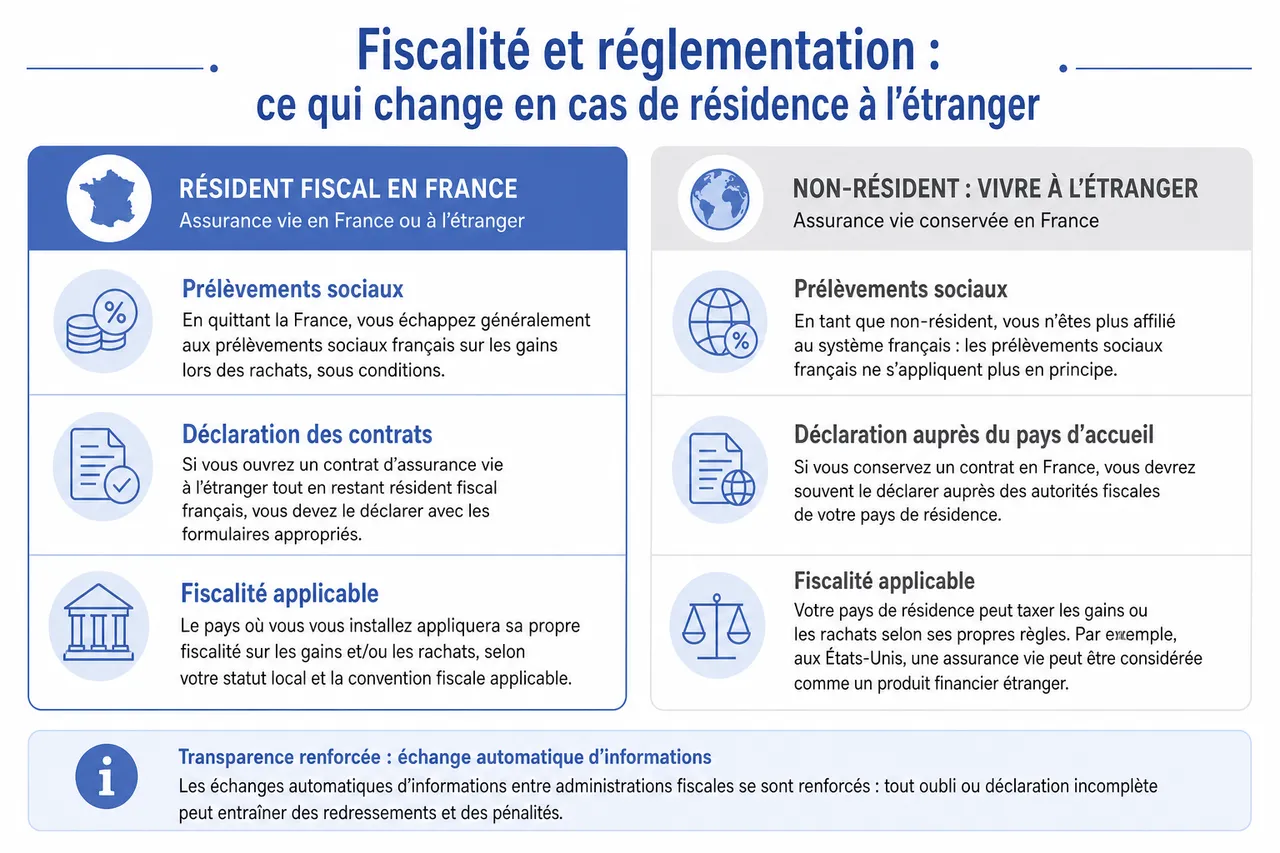 Que se passe-t-il pour votre assurance vie si vous partez vivre à l’étranger? , Fiscalité et réglementation: ce qui change en cas de résidence à l’étranger