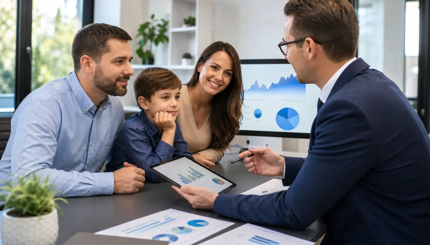 Jeunes enfants avec documents d'assurance vie et conseils financiers
