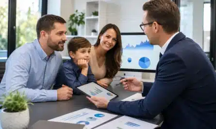 Jeunes enfants avec documents d'assurance vie et conseils financiers
