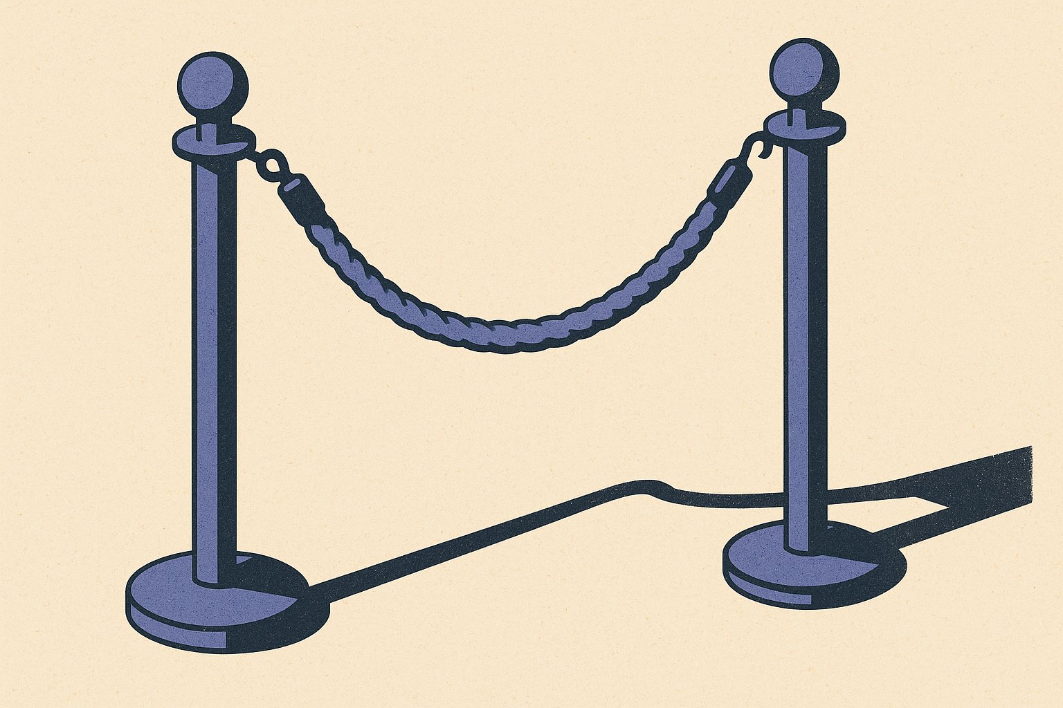 Illustration duotone de deux poteaux à corde de velours délimitant un passage, métaphore des désignations autorisées et interdites dans une clause bénéficiaire