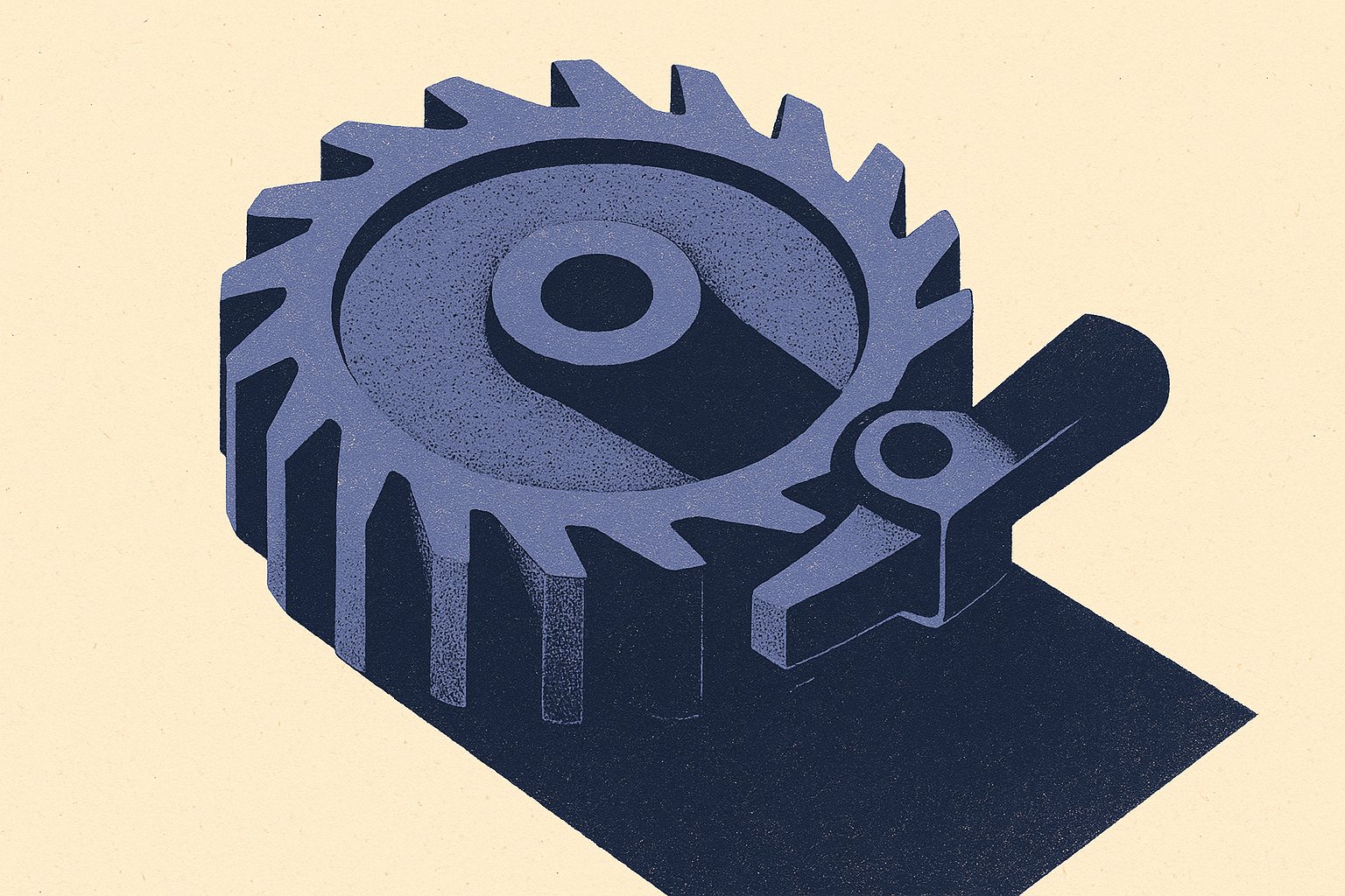 Illustration duotone d'une roue à rochet ancienne avec son cliquet engagé, mécanisme à sens unique symbolisant l'irrévocabilité de l'acceptation du bénéficiaire