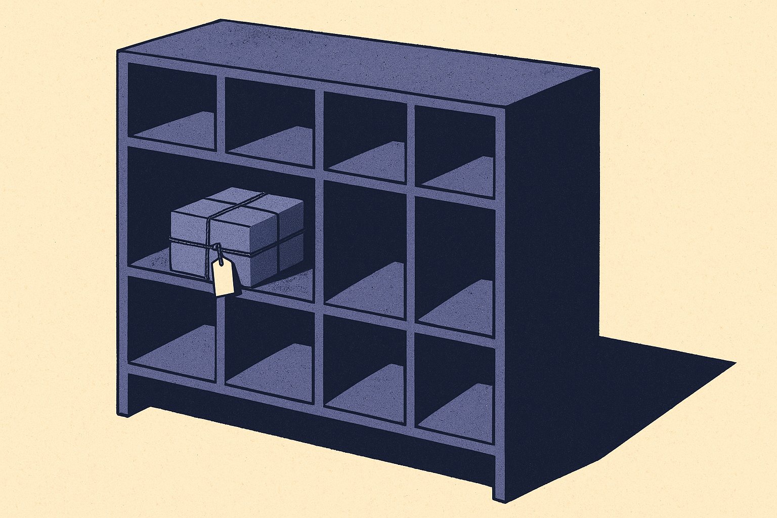 Illustration duotone d'un casier à objets trouvés dont une seule case contient un colis ficelé portant une étiquette vierge, image des contrats d'assurance vie en déshérence