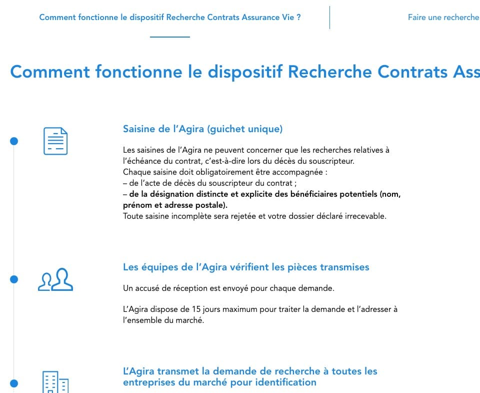 Capture d'écran du site officiel Agira Vie détaillant le dispositif Recherche Contrats Assurance Vie, la saisine, les pièces obligatoires et le délai de 15 jours