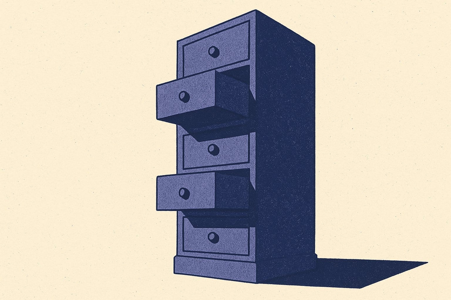 Illustration duotone indigo et ivoire : un meuble a tiroirs monumental dont deux tiroirs sont ouverts, image de la clause beneficiaire a tiroirs et de ses rangs successifs