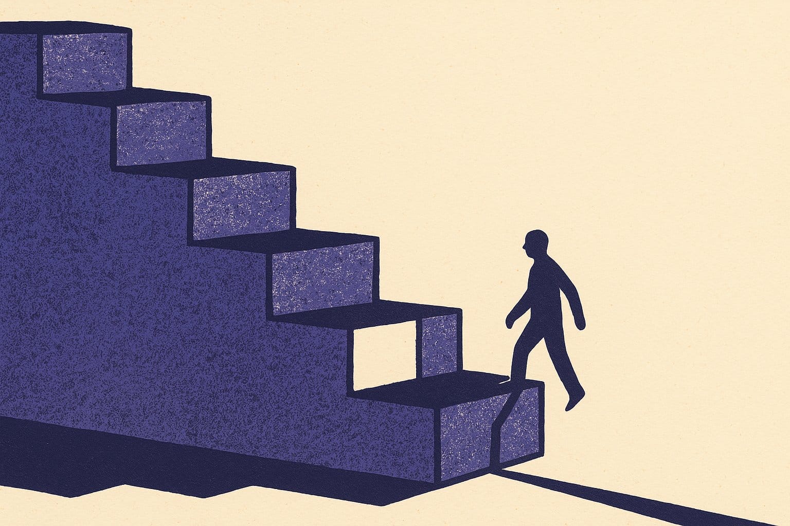 Illustration duotone indigo et ivoire : un escalier monumental auquel il manque une marche, image de la clause beneficiaire sans rang subsidiaire a defaut