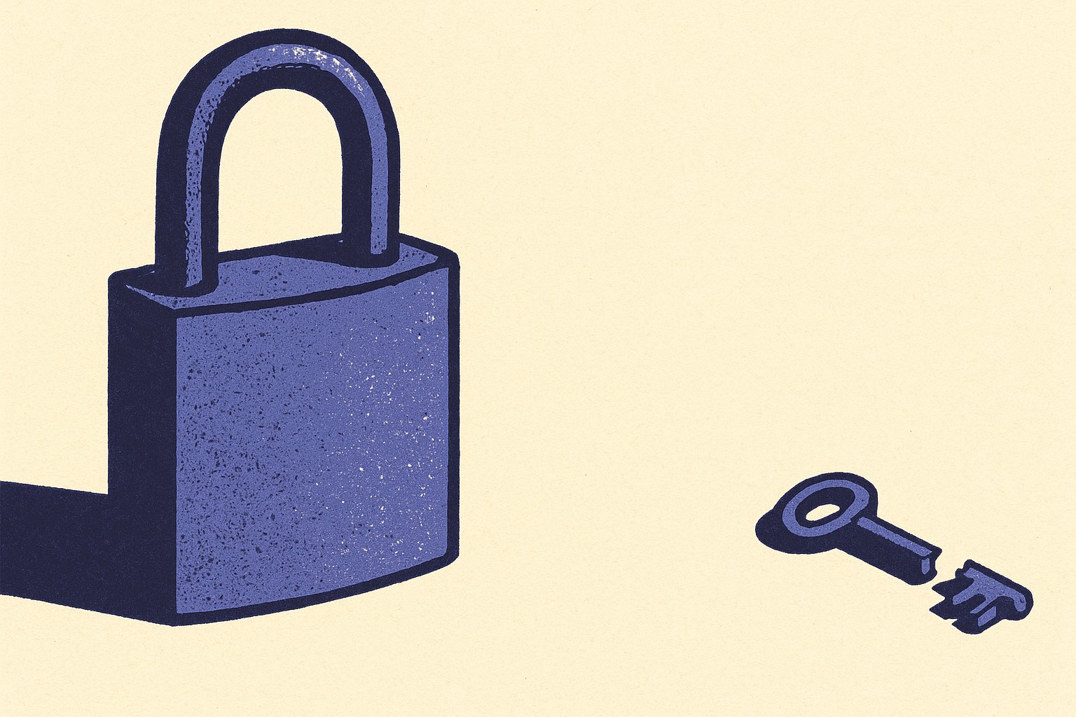 Illustration duotone indigo et ivoire : un cadenas ferme et une cle brisee hors de portee, image du contrat verrouille par l acceptation du beneficiaire