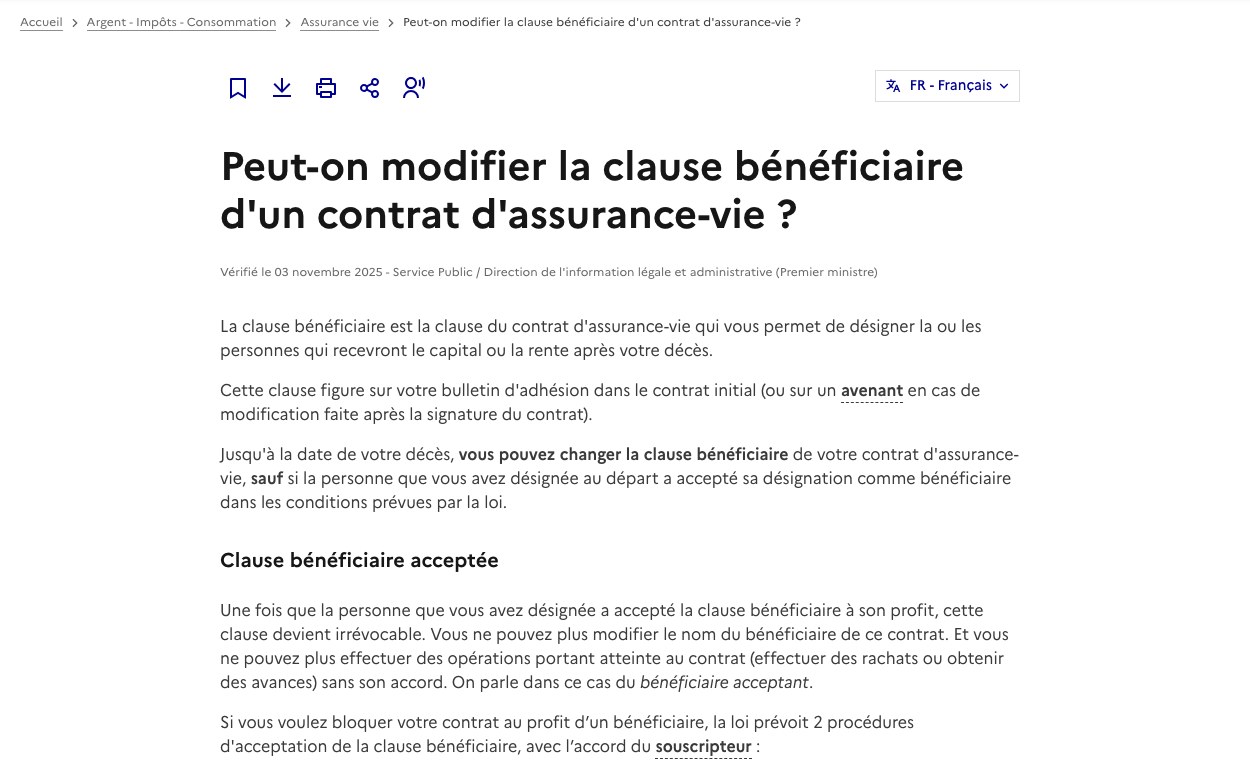Capture d ecran de la fiche service-public.gouv.fr sur la modification de la clause beneficiaire d un contrat d assurance vie et le beneficiaire acceptant