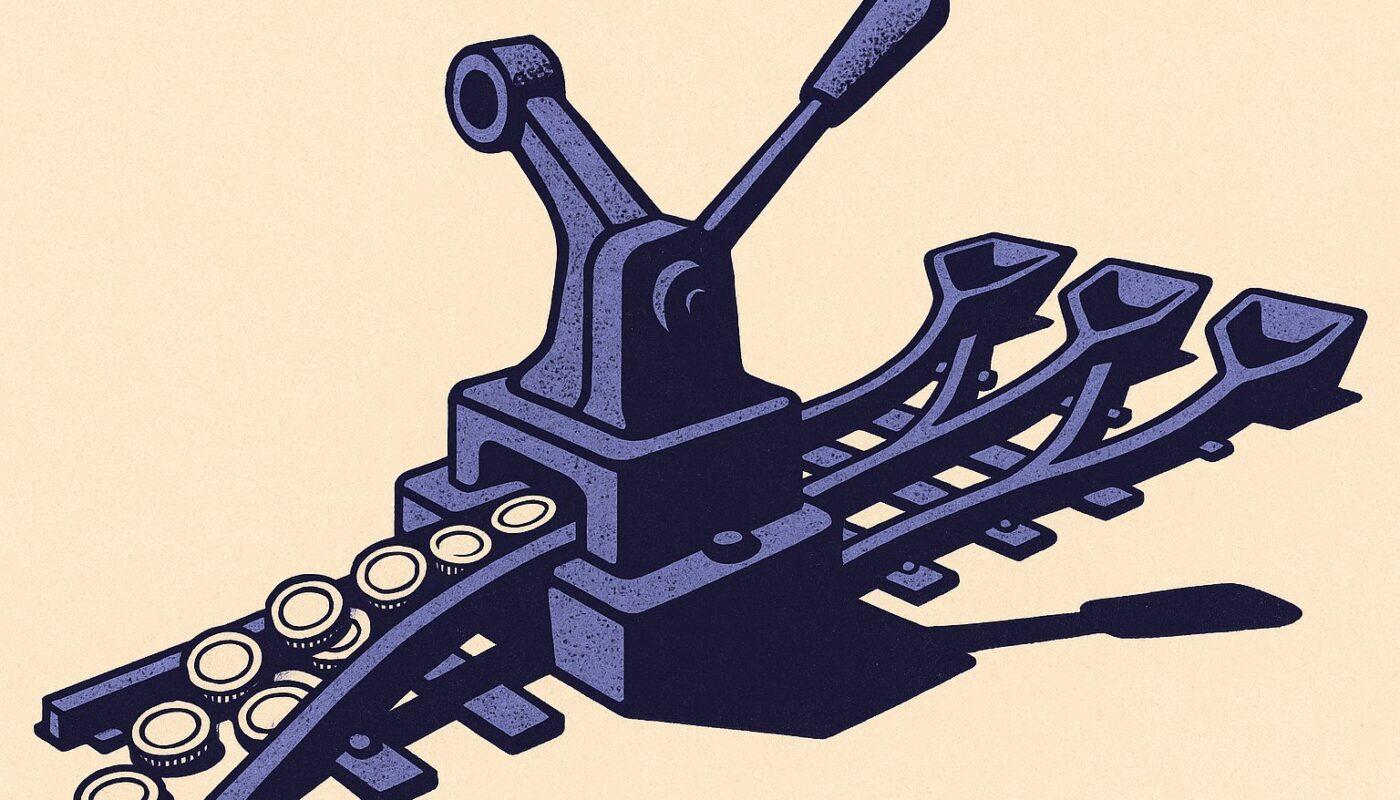 Illustration duotone indigo et ivoire : un aiguillage monumental oriente un flux de pieces vers trois voies distinctes, image de la clause beneficiaire qui dirige le capital
