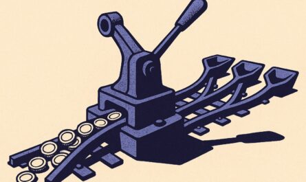 Illustration duotone indigo et ivoire : un aiguillage monumental oriente un flux de pieces vers trois voies distinctes, image de la clause beneficiaire qui dirige le capital