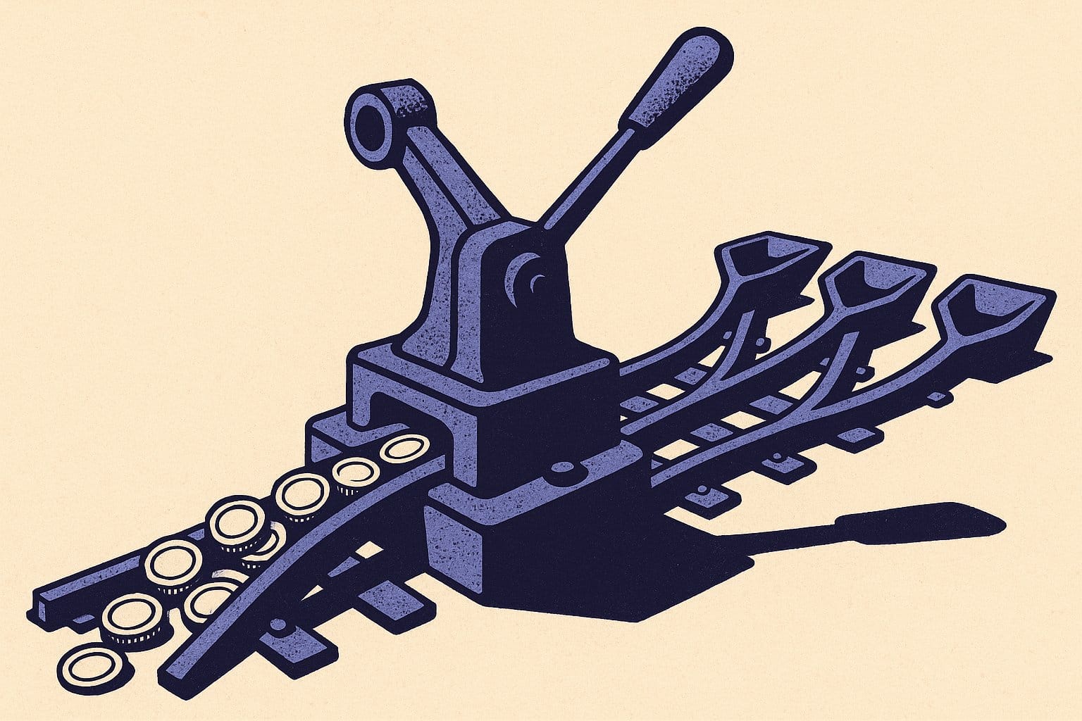 Illustration duotone indigo et ivoire : un aiguillage monumental oriente un flux de pieces vers trois voies distinctes, image de la clause beneficiaire qui dirige le capital