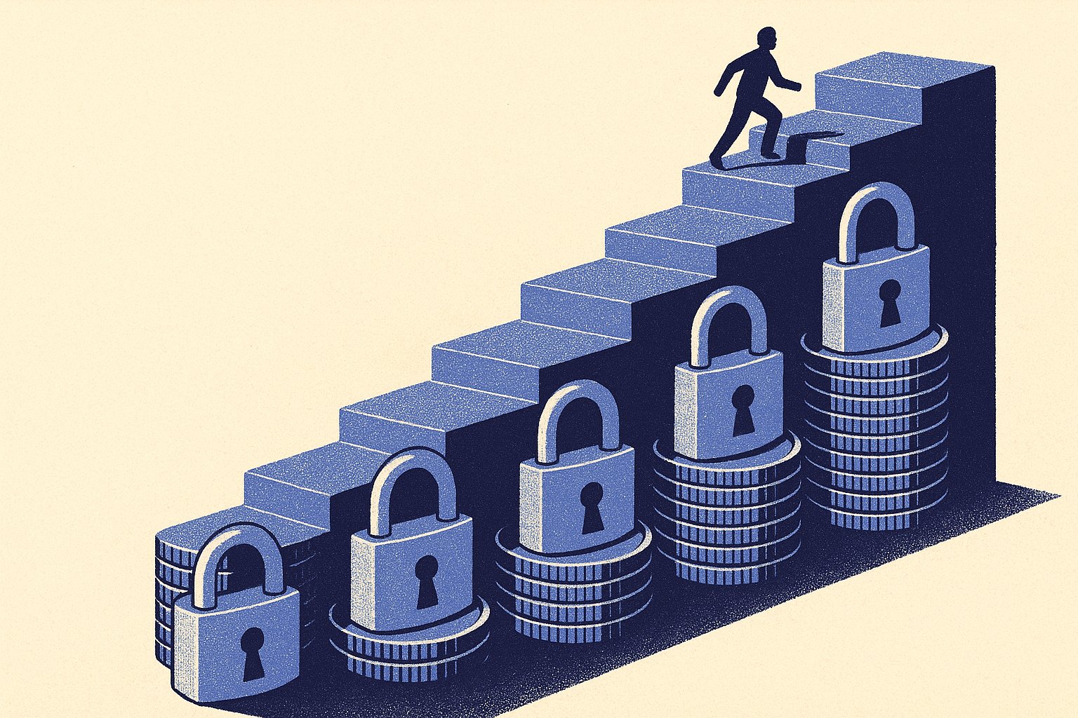 Escalier ascendant dont chaque marche est scellée par un cadenas, illustrant les intérêts verrouillés année après année par l'effet cliquet