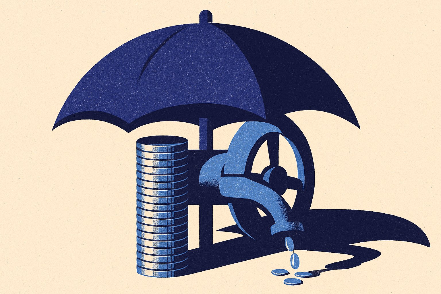 Parapluie protégeant une pile de pièces, avec une vanne partielle et un filet de pièces qui s'échappe, symbolisant frais, inflation et blocage possible des retraits