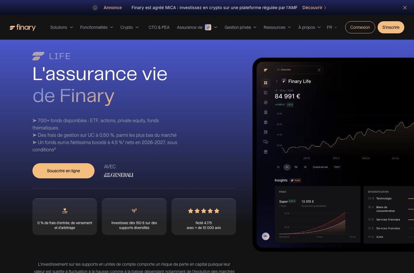 Capture de la page officielle de l'assurance vie Finary Life avec Generali, frais 0,50% et fonds euros Netissima