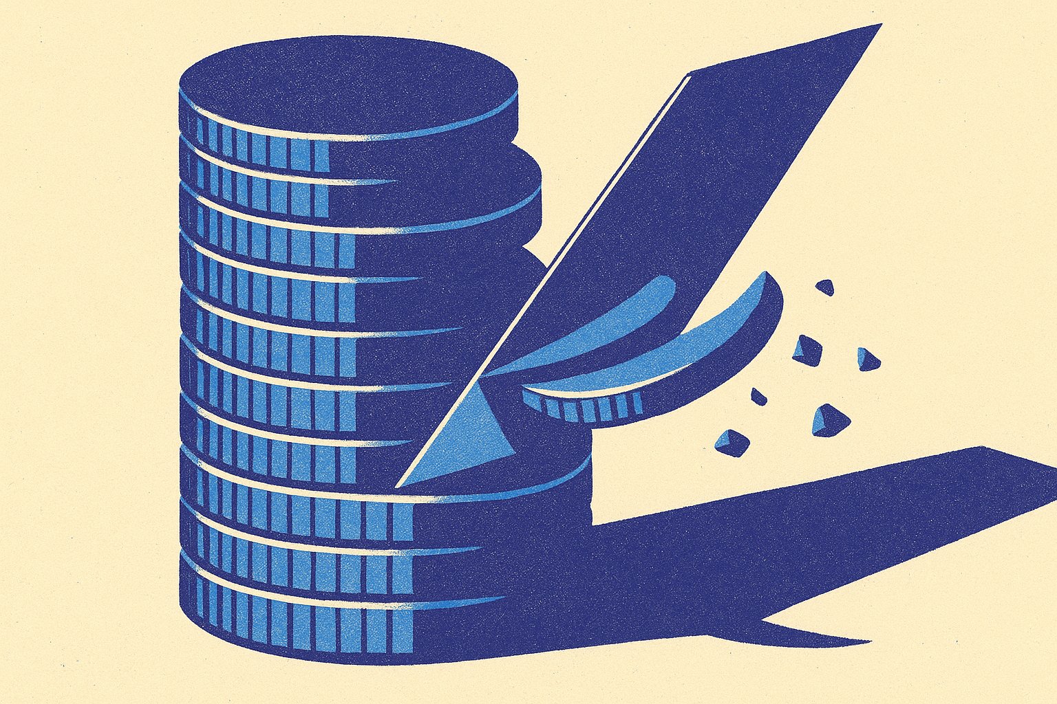 Illustration duotone d'une pile de pieces rognee, symbolisant les frais de gestion de Finary Life