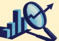 Illustration duotone indigo d'une loupe examinant une courbe de croissance, avis sur l'assurance vie Finary Life