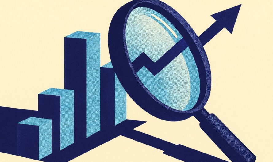 Illustration duotone indigo d'une loupe examinant une courbe de croissance, avis sur l'assurance vie Finary Life
