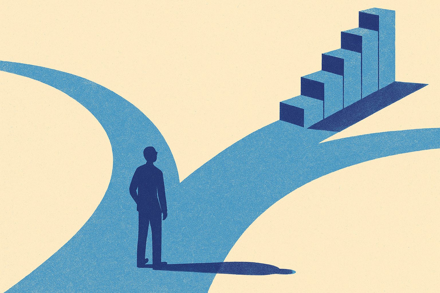 Illustration duotone d'une personne face a deux chemins, pour qui l'assurance vie Finary Life est-elle adaptee