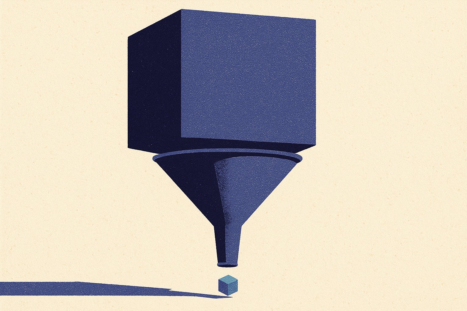 Un cube énorme entre dans un entonnoir et un cube minuscule en ressort