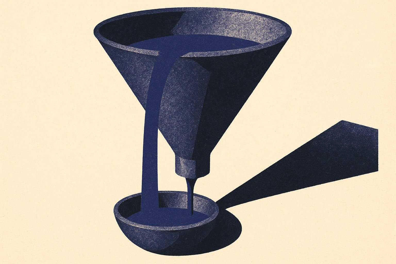 Entonnoir géant recevant un large flux et ne laissant passer qu'un mince filet, illustration duotone indigo sur fond ivoire