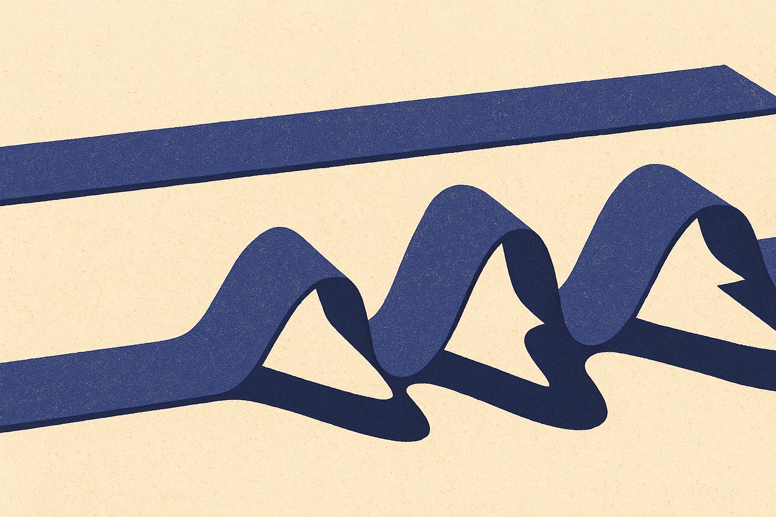 Deux rubans parallèles, l'un parfaitement plat et l'autre en montagnes russes, arrivant à la même hauteur, illustration duotone indigo sur fond ivoire