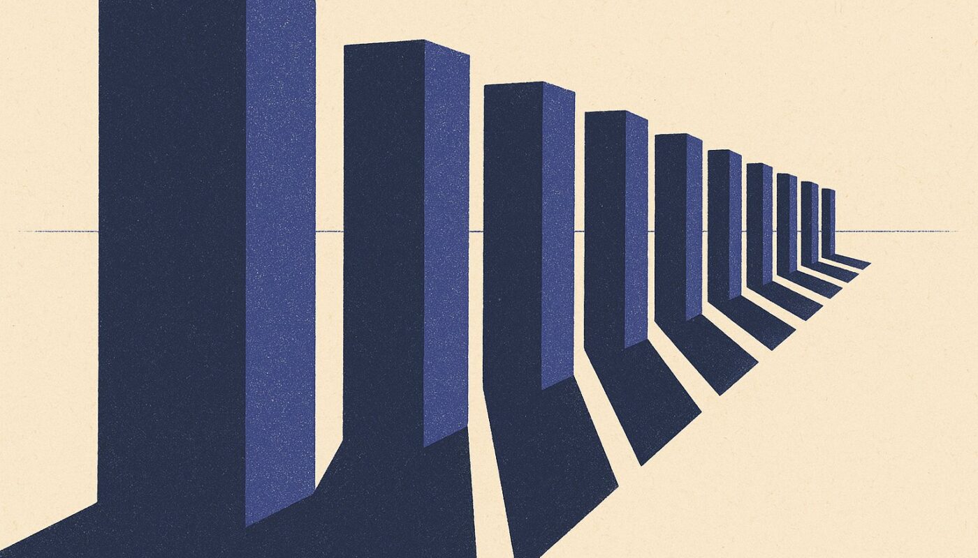 Alignement de colonnes de hauteurs inegales fuyant vers l horizon, illustration duotone indigo