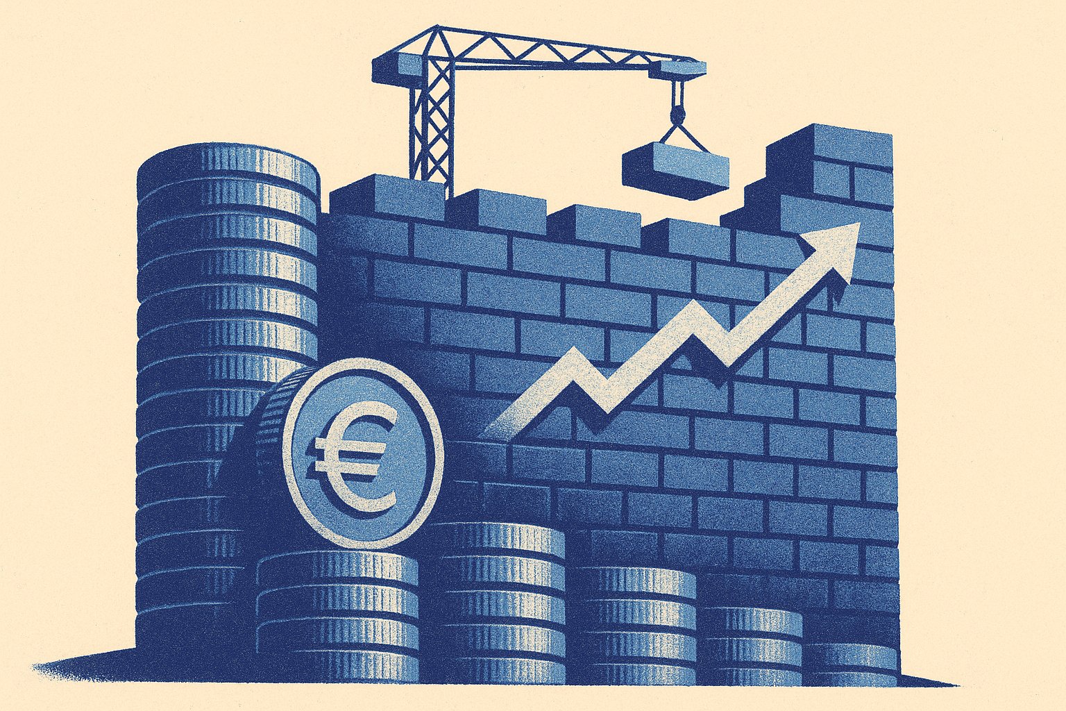 Illustration duotone : muraille de pieces et briques neuves renforcant un fonds euros, renouvellement du portefeuille obligataire
